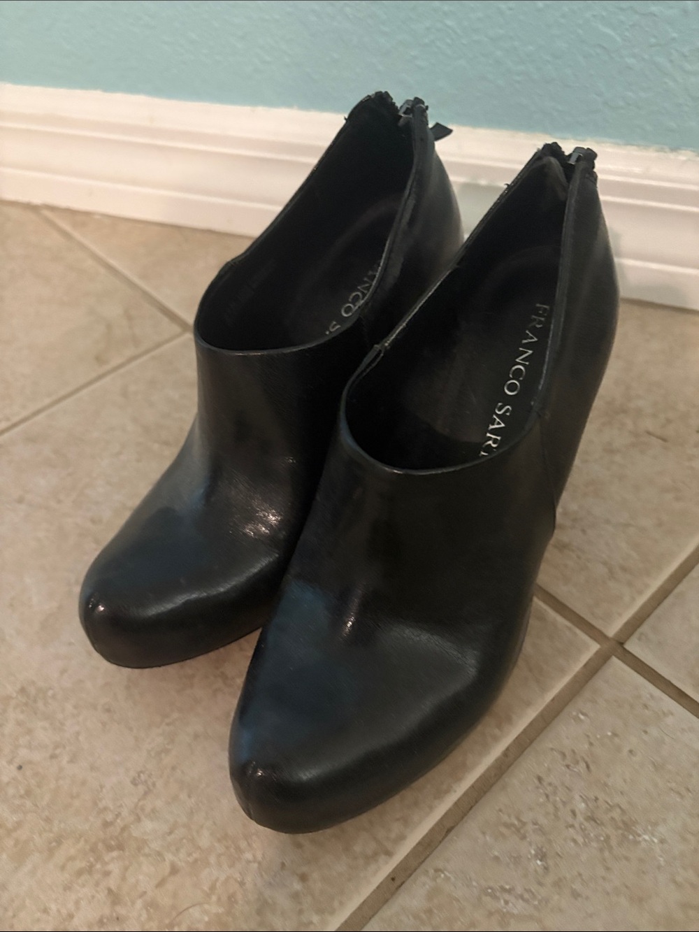 Franco Sarto Black Leather Zip-Back Ankle Booties